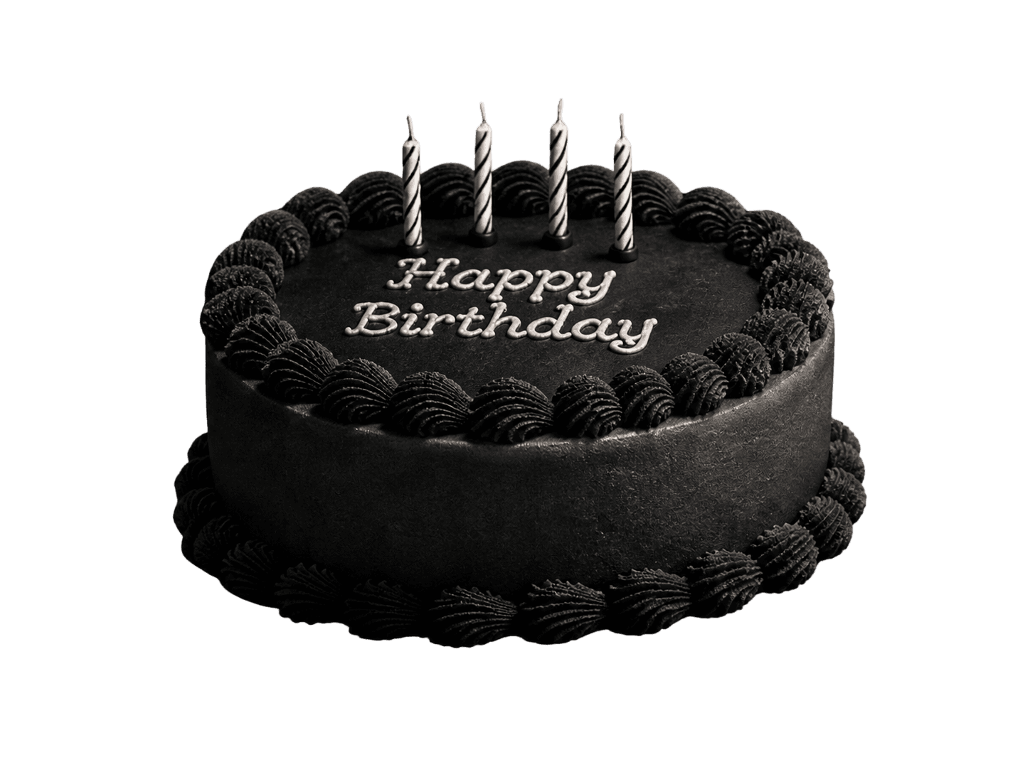 black birthday cake with four candles
